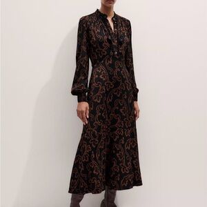 ME+EM Black and Brown Paisley Long-Sleeve Midi Dress